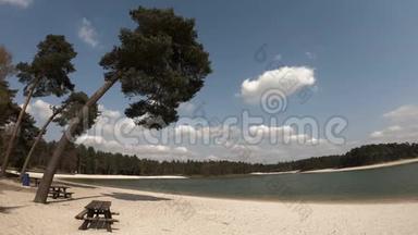 在平静的湖面上有棕榈树、<strong>小板凳</strong>和白沙滩